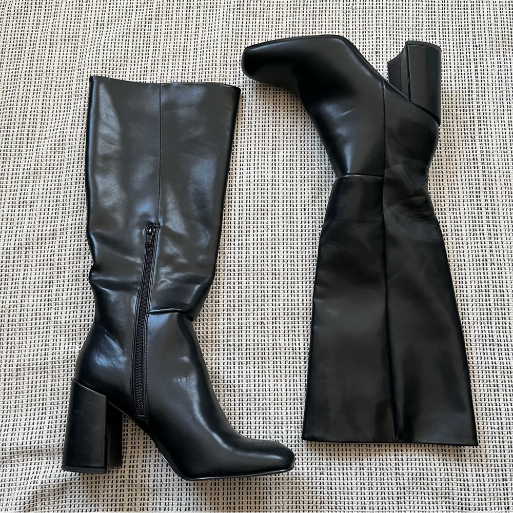 Black Knee High Block Heel Boots | Square Toe Chic Trendy Fall Winter Boots
